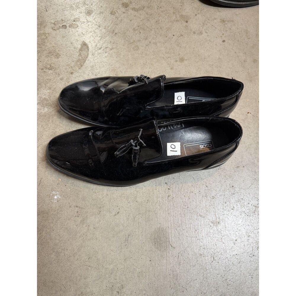 Mens ASOS Design Black Patent Faux Leather Tassel Loafers - Size 10